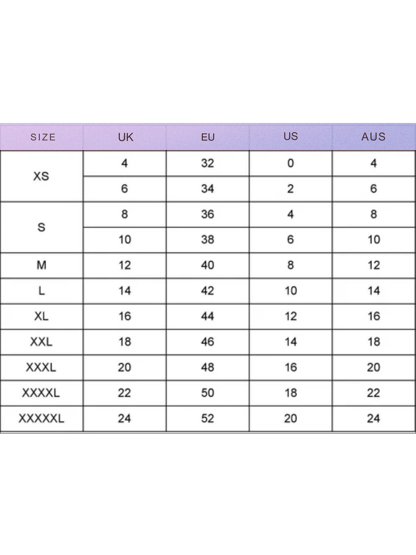 Pants size chart